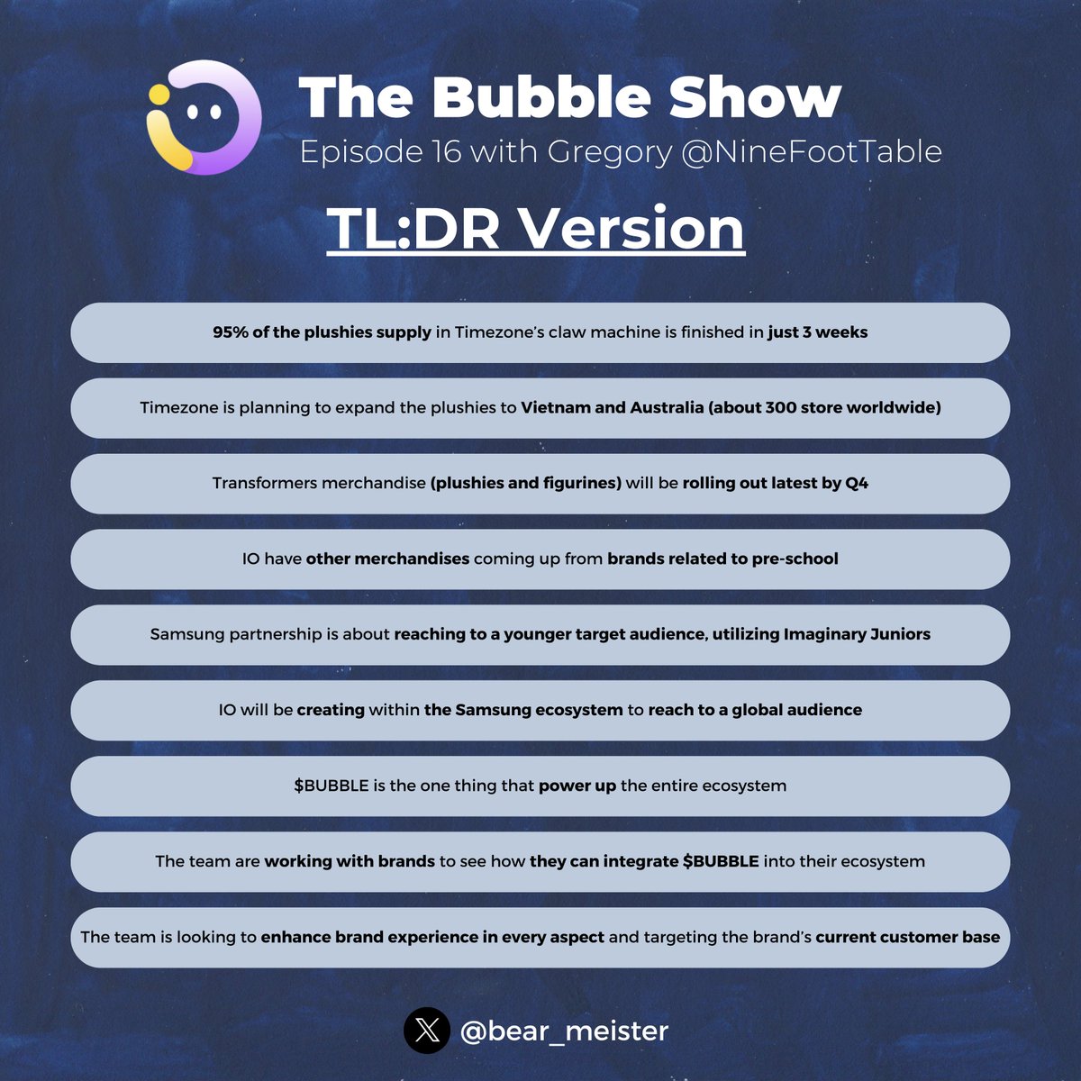 TL:DR episode 16 of the $BUBBLE show with <a href="/Imaginary_Ones/">Imaginary Ones | Bubio.ai</a> Chief Marketing Officer <a href="/NineFootTable/">Gregory | imaginary ones</a>  - hosted by @jt0000009 &amp; @Sameer12243361

Today is all about content and merchandise!

Listen to the full episode here:
x.com/jt0000009/stat…