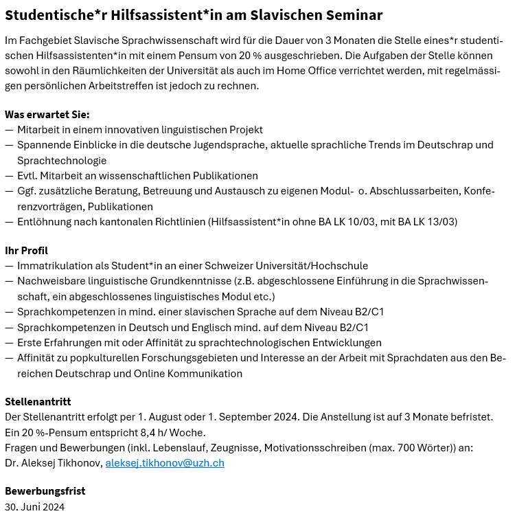 🚨💡💻Für meine Habilitation "Die slawischen Sprachen im Deutschrap" wird <a href="/UZH_ch/">Universität Zürich</a> eine stud. Stelle ausgeschrieben. Wir werden uns ganz viele Lyrics anschauen, ganz viel Rap hören &amp; an innovativen Analysemethoden arbeiten. Bewerbungen bis zum 30.6. an meine E-Mail (s. unten.)