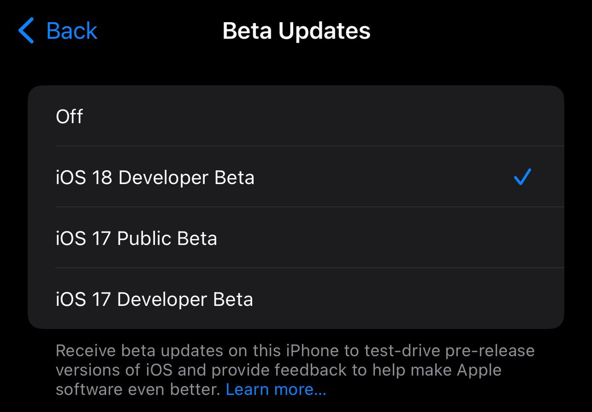 HallyTesla's tweet image. If you’re on an @Apple Beta program, you can now switch over to the iOS 18 Beta by simply changing via the update menu #iOS18 #iOS18ElonBan