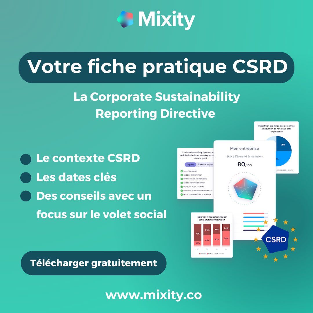 Mixity (@mixity_co) on Twitter photo #CSRD 👉🏼 Rappel du contexte et des dates clés de la CSRD ? Focus sur la dimension #sociale de la CSRD, des conseils pour aborder la CSRD avec sérénité ….  Fiche à télécharger pour vous, ici bit.ly/3x1oenj  - #Diversité - #Inclusion #CSRD 👉🏼 Rappel du contexte et des dates clés de la CSRD ? Focus sur la dimension #sociale de la CSRD, des conseils pour aborder la CSRD avec sérénité ….  Fiche à télécharger pour vous, ici bit.ly/3x1oenj  - #Diversité - #Inclusion