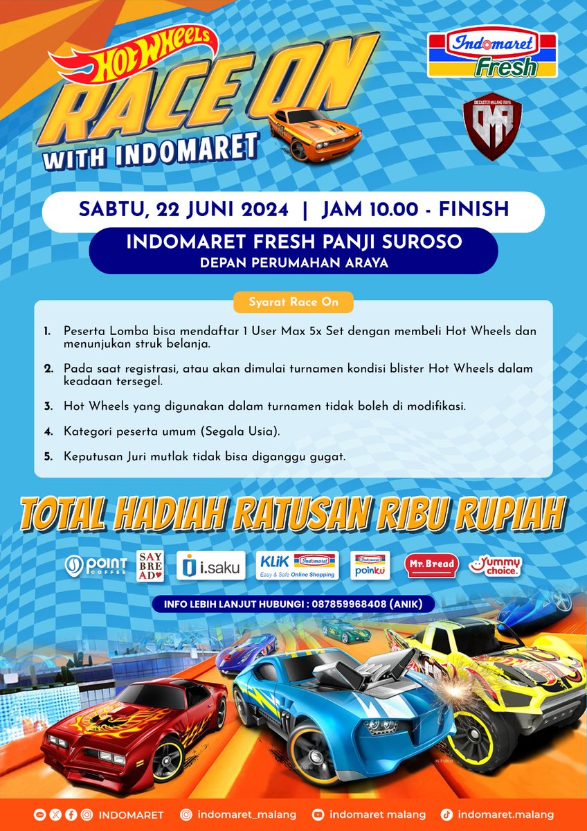 SarabbaReborn's tweet photo. Ramaikan lur....even balapnya...kerjasama Indomart dan DMR
@aboutmalang_com
#hotwheels
#hotwheelsindonesia
#hotwheelsmalang
#infomalang
#kabarmalang
#kabarmalangraya https://t.co/GgVoHmTnxa
