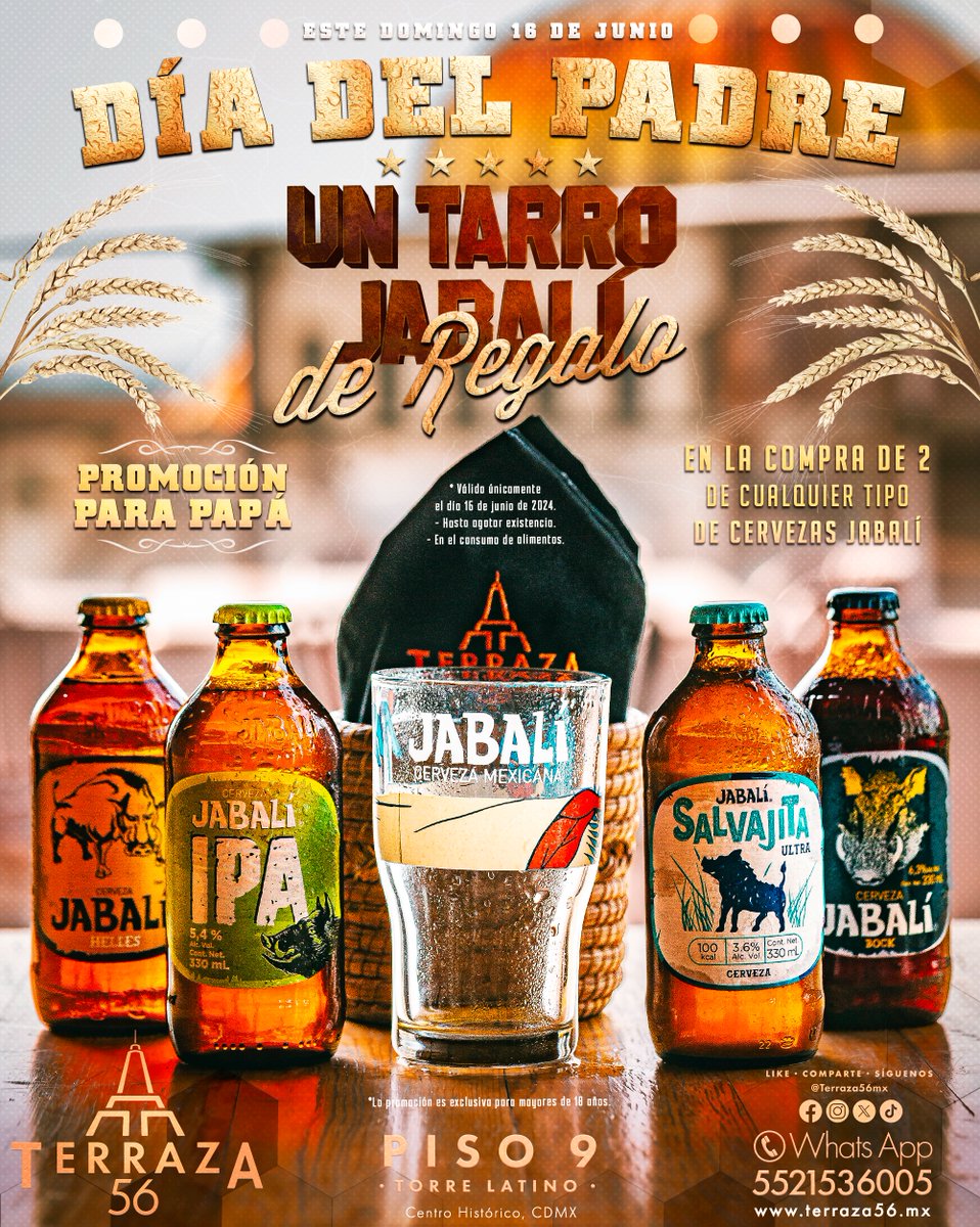 terraza56mx's tweet photo. ❝¡Este #16dejunio #DíaDelPadre👔#ConsienteAPapá 💙 en #LaMejor #Terraza⛱️😎 del corazón❤️del #CentroHistórico🏛️en CDMX🇲🇽!❞
🎁👇
𝑼𝑵 𝑻𝑨𝑹𝑹𝑶 🍺para #cerveza de 𝑹𝑬𝑮𝑨𝑳𝑶🎁en la compra de 2 cervezas🍻 de cualquier tipo de Cerveza Jabalí para 𝒕𝒐𝒅𝒐𝒔 𝒍𝒐𝒔 𝑷𝑨𝑷𝑨́𝑺😊 https://t.co/ejcEcQbHnN