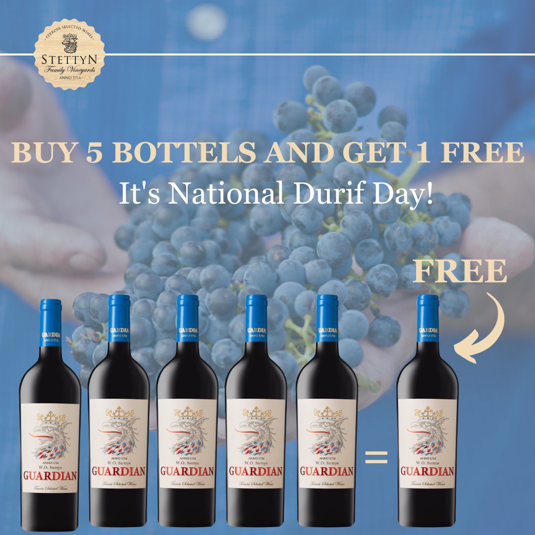 🍇🍷 It’s Durif Day! 
 
Indulge in the bold flavors of our Guardian blend – 45% Shiraz, 35% Cabernet Sauvignon, and 20% Durif. 
 
Buy 5 bottles, get 1 free, or grab a case and only pay for 5 bottles! 
 
Shop Now: stettyncellar.co.za/shop/guardian-…
 
Hurry, this exclusive offer is available