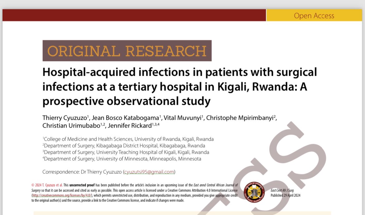 Cyuzuzo Thierry, MD (@cyuzuzot) on Twitter photo I'm excited to share that our research on hospital-acquired infections in patients with surgical infections has been published. A big thank you to the entire team for their hard work and dedication in making this possible <a href="/Fostino21/">Prof. Faustin NTIRENGANYA</a> <a href="/plasticsurgRda/">Charles Furaha</a> #surgicalinfection, #Research. I'm excited to share that our research on hospital-acquired infections in patients with surgical infections has been published. A big thank you to the entire team for their hard work and dedication in making this possible <a href="/Fostino21/">Prof. Faustin NTIRENGANYA</a> <a href="/plasticsurgRda/">Charles Furaha</a> #surgicalinfection, #Research.