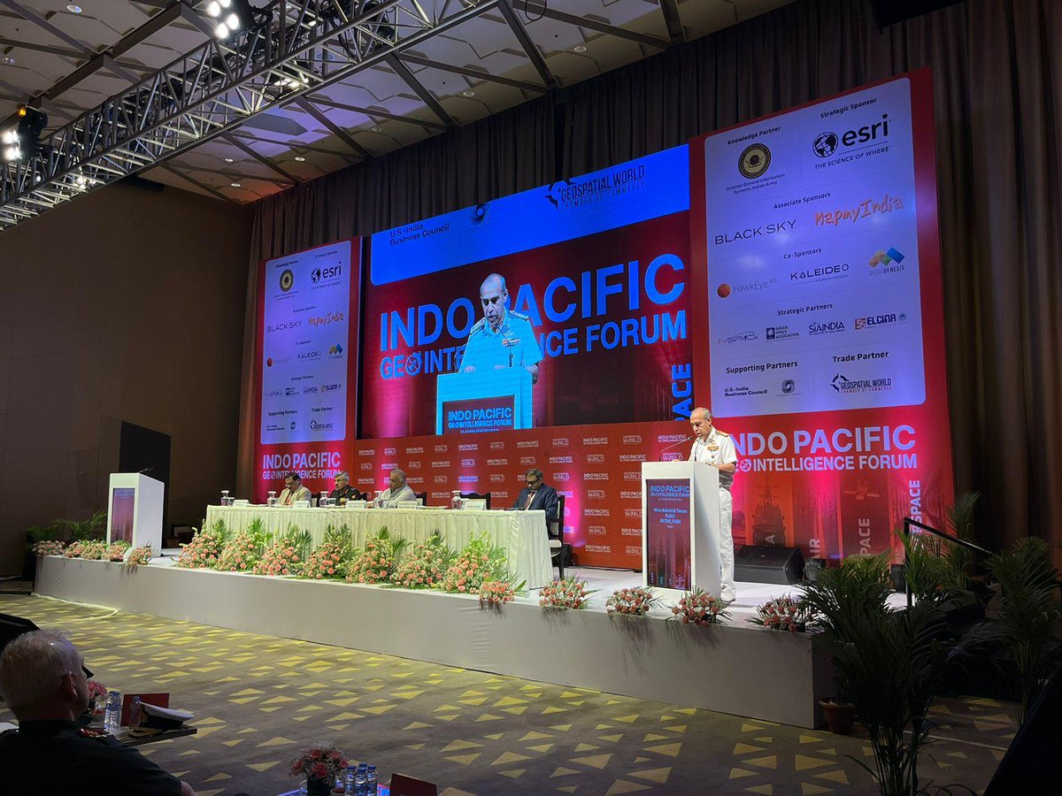 geospatialworld's tweet photo. #IPGF2024 | "The vastness of the Indo-pacific, stretching from Gulf of Oman in the west to the US pacific coast in the east, isn’t hidden from anywhere. There’s a strong maritime aspect to the region. Over 50% of the world’s trade, and 90% of India’s trade passes from this region. However, the recent maritime incidents are concerning”, says 𝐕𝐢𝐜𝐞 𝐀𝐝𝐦𝐢𝐫𝐚𝐥 𝐓𝐚𝐫𝐮𝐧 𝐒𝐨𝐛𝐭𝐢, 𝐃𝐞𝐩𝐮𝐭𝐲 𝐂𝐡𝐢𝐞𝐟, 𝐈𝐧𝐝𝐢𝐚𝐧 𝐍𝐚𝐯𝐚𝐥 𝐒𝐭𝐚𝐟𝐟.
@Esri | @BlackSky_Inc | @MapmyIndia | @hawkeye360 | @kaleideo | @Mgtechsoft | @INSPACeIND | @satcom_india | @USCCFoundation | @IADMag | @IndiaStrategic | @GWChamber | @sanjaykumar1970 |
#Geointelligence #SpaceExploration #GeoIntelligence #IndoPacificGeoIntel2024 #IndoPacific #IndoPacificGeointelligenceSummit2024 #DefenceandIntelligence #CyberWarfare