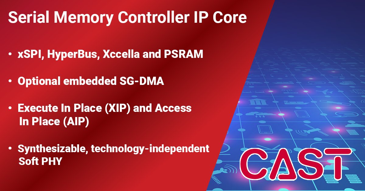 castcores's tweet photo. Efficiently manage serial memory devices in your next SoC with this easy-to-integrate Memory Controller IP core for ASICs and FPGAs. Support for xSPI, HyperBus, Xccella, PSRAM, and more.   

Learn more: https://t.co/NPzRfILOjR 

#MemoryControllers #IPCores #FPGA #ASIC https://t.co/jOixZxLnQz