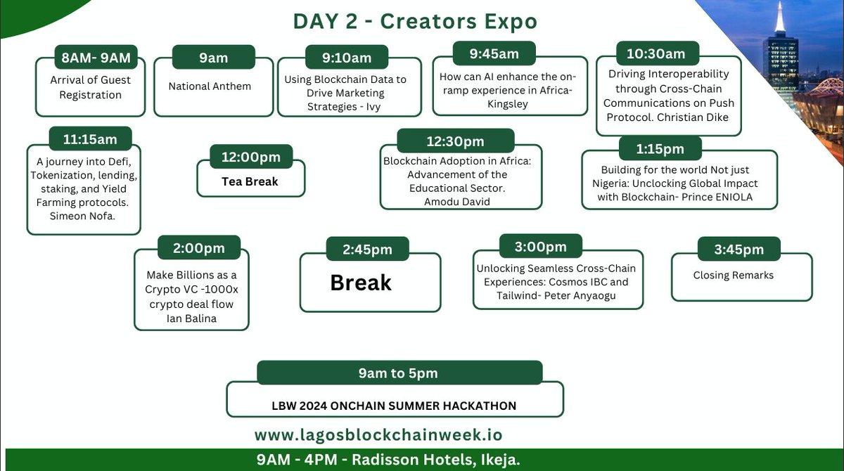 LagosBlockWeek's tweet image. 🚀📷The Lagos Blockchain Week 2024 !!! 
Day 2: Creators Expo
Join us at The Radisson Hotel, Ikeja  
#LBW2024 #LagosBlockchainWeek #Blockchain