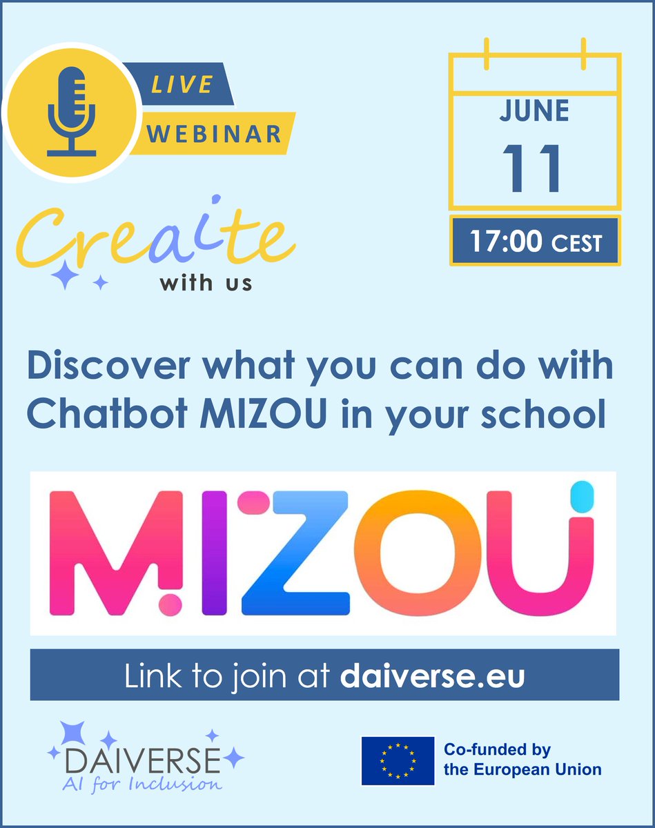 Bart Verswijvel (@bartverswijvel) on Twitter photo In Daiverse #erasmusplus project on Artificial Intelligence for Inclusion, we explore how chatbot
<a href="/mizouai/">Mizou - AI Chatbot</a>
can be implemented in and outside classroom. Learn from VTI Menen (BE) at free webinar on 11 June at 5pm CEST. Link at Daiverse.eu
<a href="/abfromz/">Arjana</a>
<a href="/lohynova/">Kornelia Lohynova</a>
<a href="/EPOSvzw/">EPOS vzw</a> In Daiverse #erasmusplus project on Artificial Intelligence for Inclusion, we explore how chatbot
<a href="/mizouai/">Mizou - AI Chatbot</a>
can be implemented in and outside classroom. Learn from VTI Menen (BE) at free webinar on 11 June at 5pm CEST. Link at Daiverse.eu
<a href="/abfromz/">Arjana</a>
<a href="/lohynova/">Kornelia Lohynova</a>
<a href="/EPOSvzw/">EPOS vzw</a>