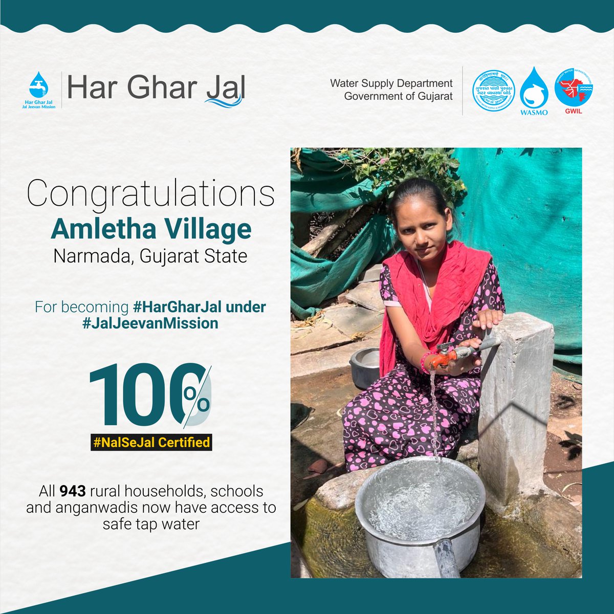 Congratulations to all the people of Amletha Village of #Narmada, #Gujarat State, for becoming 100% #HarGharNalSeJal certified. All 943 rural households, schools and anganwadis are now getting safe tap water under #JalJeevanMission