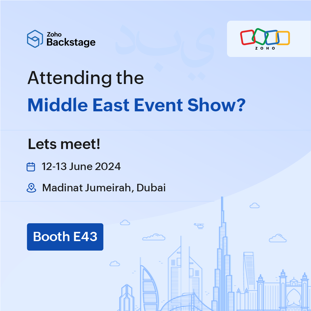 ZohoBackstage's tweet photo. Exciting news! We're going to the Middle East Event Show tomorrow🎉 Stop by Madinat Jumeirah on the 12-13th of June to see how we can help bring your next event to life —We're over at booth E43. Register for free here: https://t.co/hnMrXUN9gw @meeventshow

#MEES #EventsProf #MICE https://t.co/YGgXdRgd7O