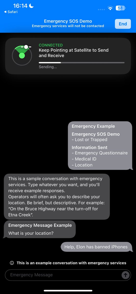 HallyTesla's tweet image. iOS18 Satellite messaging, should help if you’re lost in the bush #iOS18