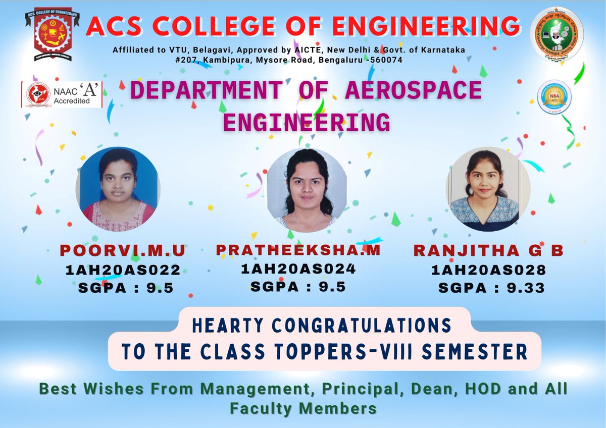 acscebangalore's tweet photo. Department of #Aerospace_Engineering 8th semester Academic Toppers: Ms. Pratheeksha, Ms.Poorvi U, Ms. Ranjitha
#Aerospace teachers and students are appreciated for their excellent performance in the 8th Semester examinations conducted by the Belagavi (#VTU) in May 2024. https://t.co/7MxjxpwCHr