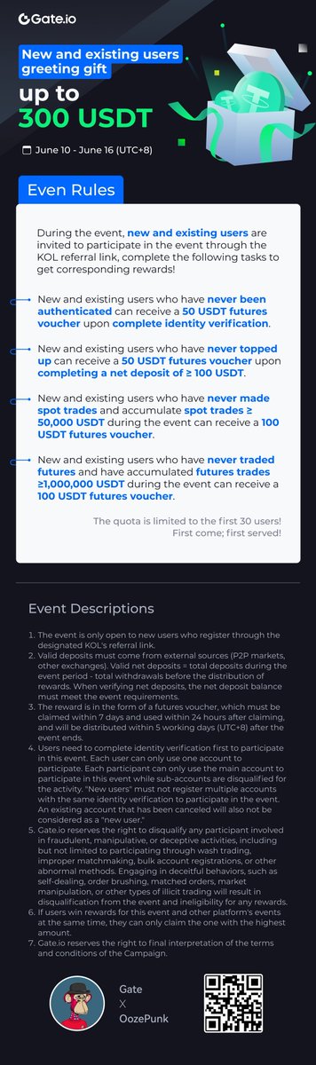 OozePunk's tweet photo. 🚀#Gate.io New & existing users gift-giving event🥰 
✅Complete KYC and get 💵$50 futures voucher
✅Deposit $100 and get 💵$50 futures voucher  
✅Spot trade ≥ $50,000 get $100💵 futures voucher
✅Futures trade ≥ $1,000,000 get 💵$100  futures voucher

Register to claim👇
https://t.co/gR7MZD50ZM

#airdrop #web3 #giveaway #campaign