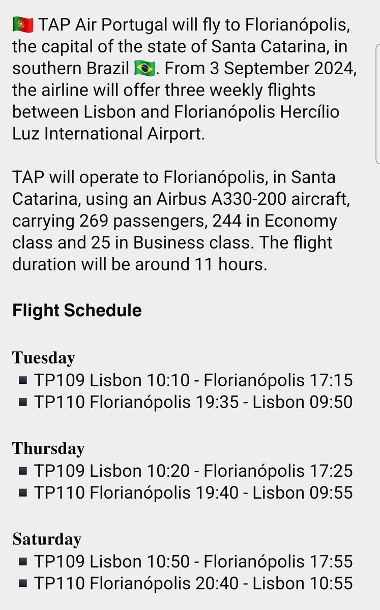 FlightModeblog's tweet photo. 🇵🇹 #TAPAirPortugal will fly to #Florianópolis, the capital of the state of Santa Catarina, in southern #Brazil 🇧🇷. From 3 September 2024, the airline will offer three weekly flights.

📷 ©Airbus

#Lisbon #Portugal #flytap #aviation #AvGeek #avgeeks #flights #Travel #traveler https://t.co/qxGXglnmdH