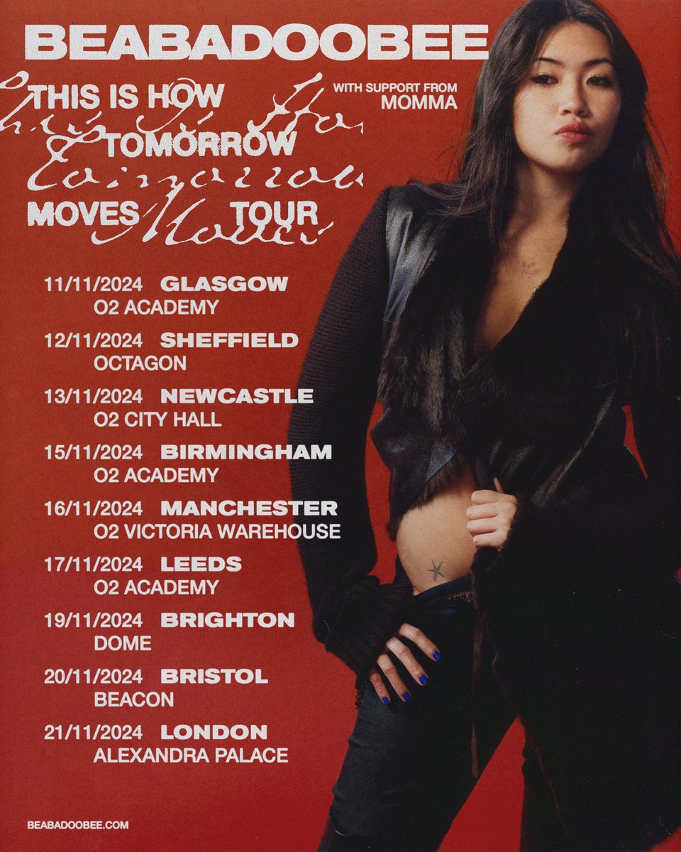beabad00bee's tweet image. this is how tomorrow moves uk tour november '24! 
UK it's ur turn 🙊🐈‍⬛🎸

pre-order this is how tomorrow moves on my store before 3pm BST 17th june for pre-sale access!

pre-sale opens 10am BST 18th june, general sale 21st june!!

beabadoobee.ffm.to/uktour