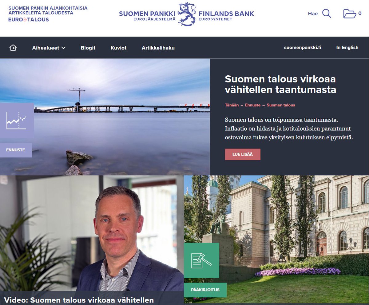 #EuroJaTalous -sivustoltamme löydät tuhdin, tänään julkaistun, <a href="/suomenpankki/">Suomen Pankki</a> Suomen talouden ennustepaketin. Ihanaa, että talous 🇫🇮 alkaa virota vähitellen taantumasta. Paketista löytyy jokaiselle jotakin. Tutustu uunituoreena 👉 eurojatalous.fi #talousennuste #talous