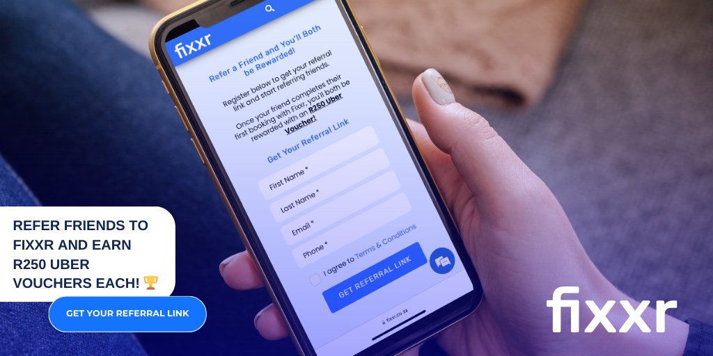 fixxrSA's tweet image. 🎉 Spread the word and reap the rewards with Fixxr&apos;s Affiliate Programme! You and a friend stand a chance of receiving a R250 voucher when they complete a booking with us 😉🥳

Start referring today! bit.ly/3yIMiM0 

#Fixxr #AffiliateProgramme #ReferralRewards