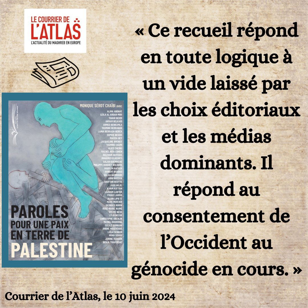 [LA PRESSE EN PARLE]
Le Courrier de l'Atlas réserve à ce recueil collectif, dirigé par Monique Sérot Chaïbi, une chronique très élogieuse ! 📚🥰

En librairie le 17 juin 2014 !

#courrierdelatlas #presse #chronique #palestine #litterature #nouvelleparution #editionsindependantes