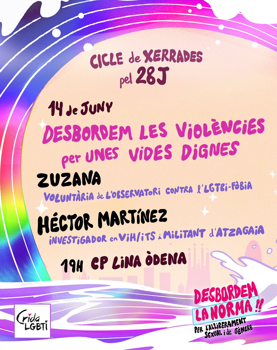 📅 Divendres 14 de juny 📅

Desbordem les violències, per unes vides dignes!

🟡 Zuzana, voluntària de l'<a href="/Observatori_cat/">Observatori Contra l'LGTBI-fòbia</a>
🟡 <a href="/hectorgranota/">Héctor Martínez Riveros 🏳️‍🌈 🎗</a>, investigador en VIH/ITS i militant d'<a href="/atzagaia/">Atzagaia</a>

🕖 19h
📍 Casal Popular Lina Òdena
<a href="/cp_linaodena/">Casal Popular Lina Òdena</a>
🌊#DesbordemLaNorma