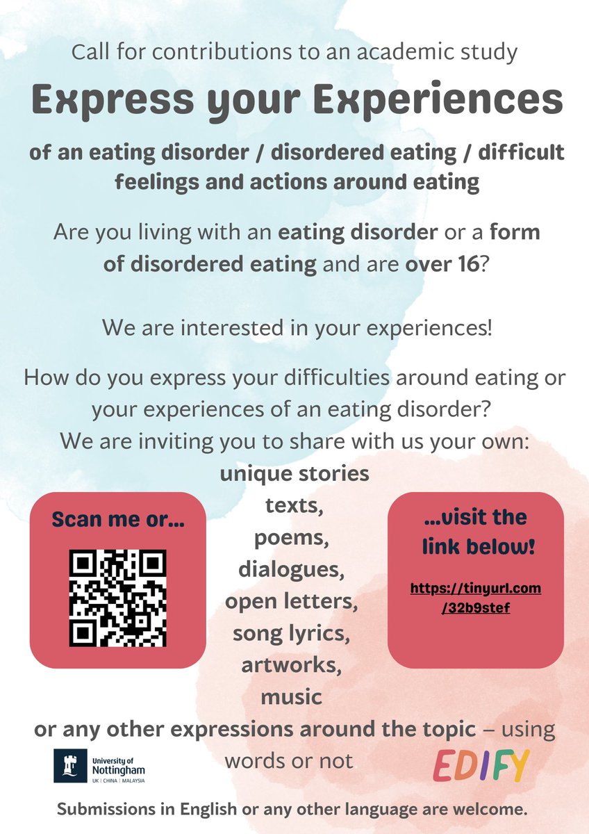 Very excited to share our new (and very different) study about creatively expressing experiences of #eatingdisorders .   Please share tinyurl.com/32b9stef