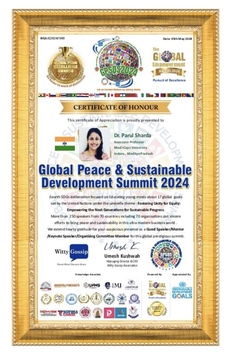 2307_parul's tweet photo. Grateful to Witty Gossip association for this Honor of #SDG_Advocate_2024 bestowed by #Global_Empowerment_Awards. I pledge to work for the society and my nation in my best capacity as an academician, by spreading the awareness related to #SustainableDevelopment @Medicaps_Indore https://t.co/hO31h80YLV