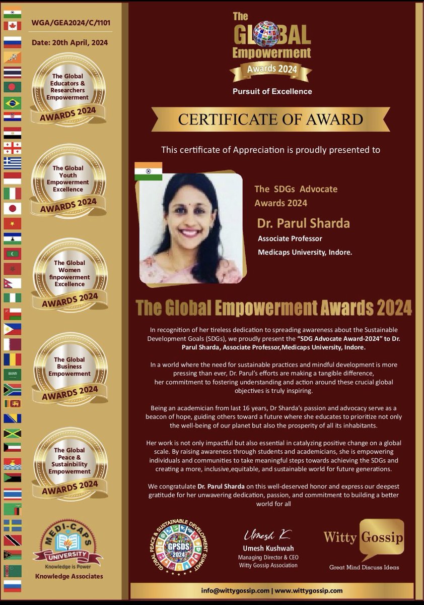 2307_parul's tweet photo. Grateful to Witty Gossip association for this Honor of #SDG_Advocate_2024 bestowed by #Global_Empowerment_Awards. I pledge to work for the society and my nation in my best capacity as an academician, by spreading the awareness related to #SustainableDevelopment @Medicaps_Indore https://t.co/hO31h80YLV