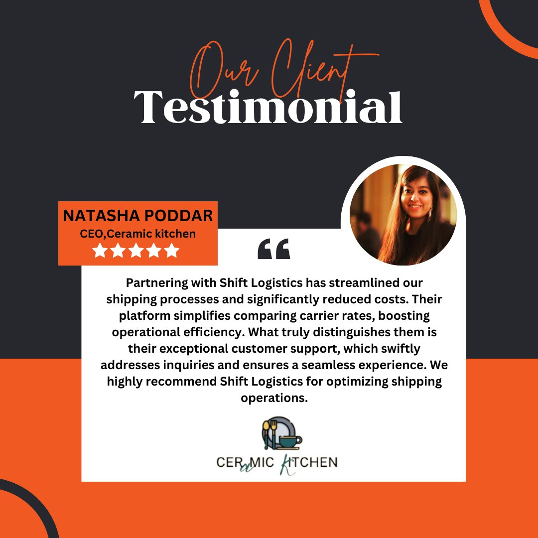 shipwithshift's tweet photo. "Shift Logistics has streamlined our shipping and reduced costs! Exceptional customer support." - Natasha Poddar, CEO, Ceramic Kitchen ⭐⭐⭐⭐⭐ we're honored to be their trusted partner. Thank you, Ceramic Kitchen! 🙌 #ClientTestimonial #ShiftLogistics #LogisticsExcellence https://t.co/fqNN0FCpIo