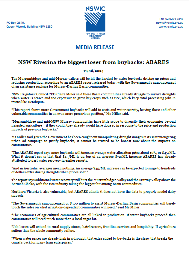 nswirrigators's tweet photo. More Government buybacks will add to costs and water scarcity, leaving these and other vulnerable communities in an even more precarious position #ausgov @tanya_plibersek https://t.co/4it9bwSvOS