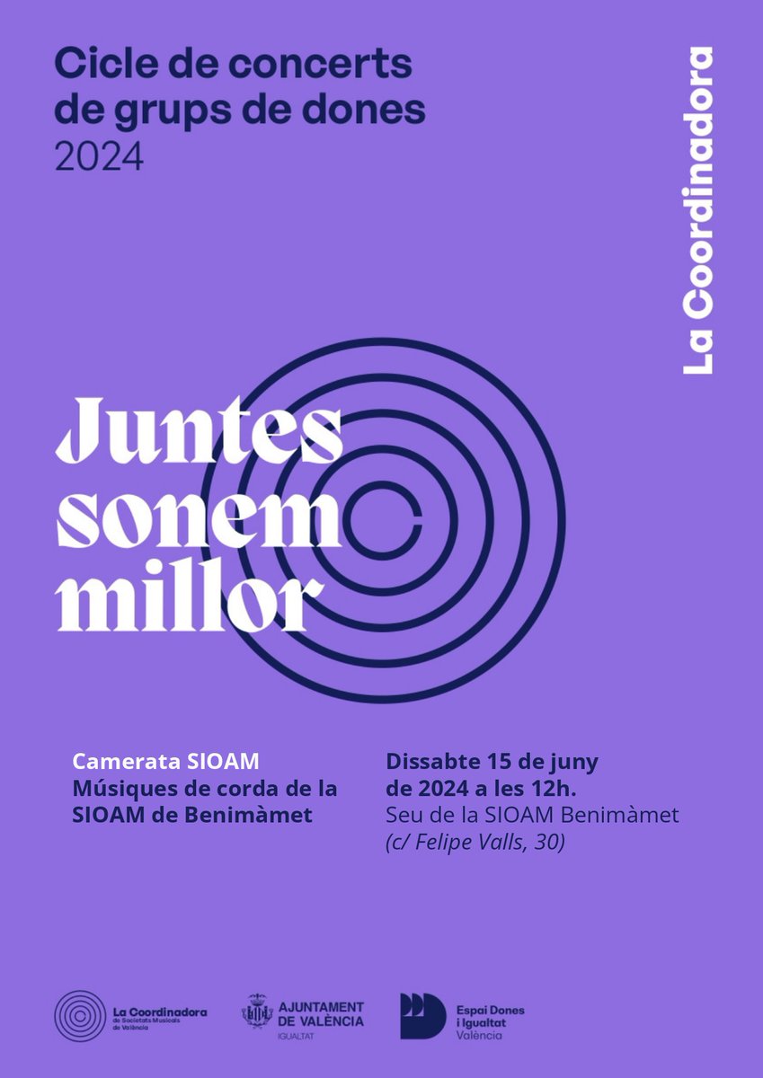cosomuval's tweet photo. #JUNTESSONEMMILLOR El II Cicle de Concerts de Grups de Dones continua dissabte 15 de juny a les 12h amb un concert de la Camerata SIOAM a la seu de la SIOAM de Benimàmet.
📷En el faristol composicions de Bela Bartok, Peter Warlock i Normal Leyden.
Amb el suport d' @AjuntamentVLC https://t.co/SLGRUun9Cn