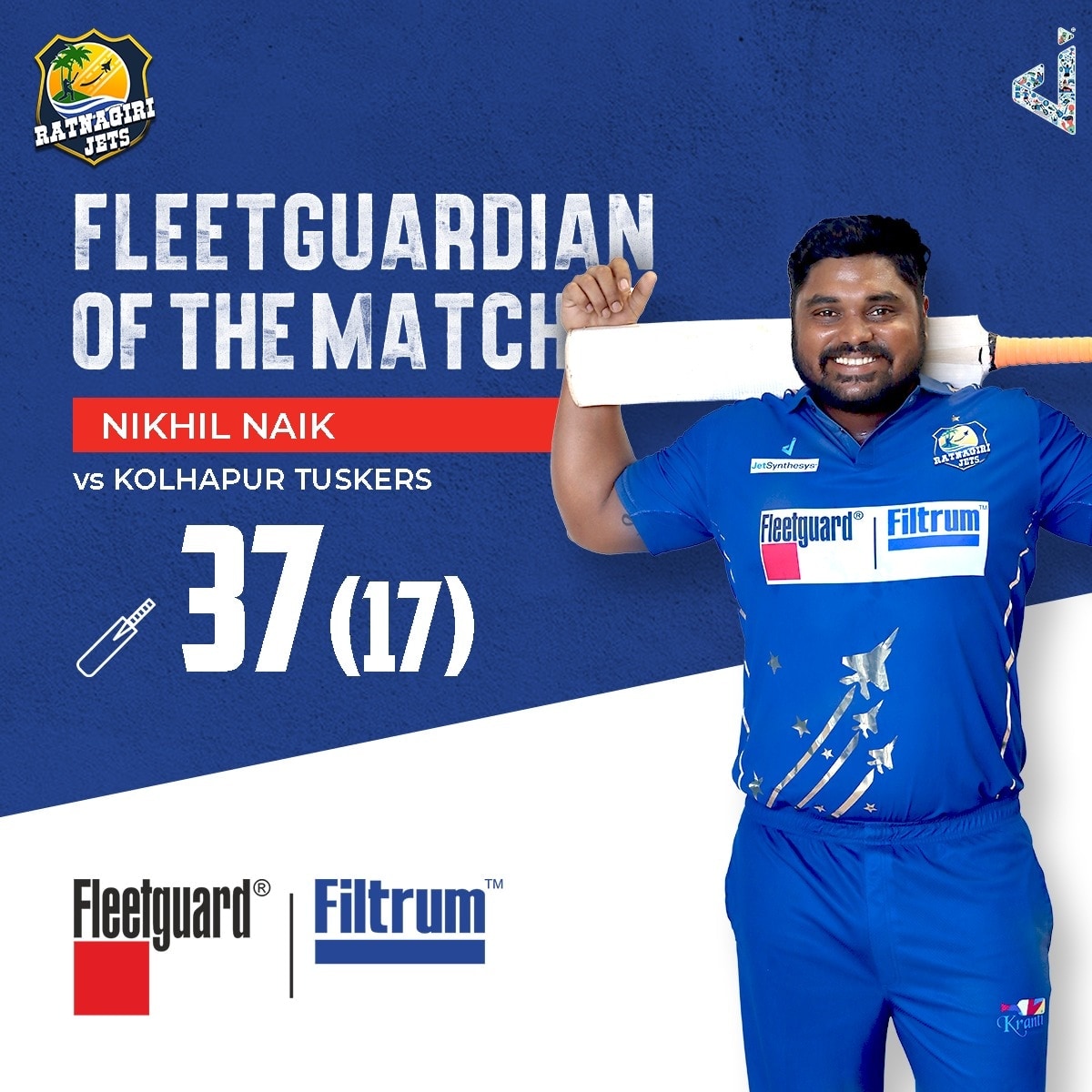 RatnagiriJets's tweet photo. A flamboyant batter who never fails to deliver, just like Fleetguard products. Nikhil Naik is our #FleetguardianOfTheMatch from last night's thriller!
#RatnagiriJets #AataItihaasGhadel #GoJets #Cricket #Fleetguard #Filtrum #MPL #MPL2024 https://t.co/EJE96cY7Qu