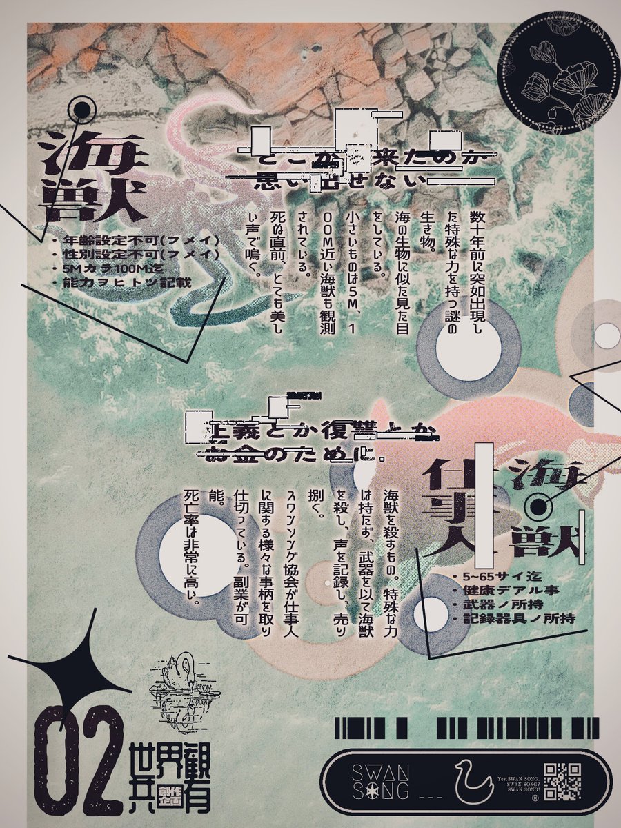 sw4ns0ng_tl's tweet photo. ー現代×海獣×仕事人×記録ー
創作企画【スワンソング】
「海獣と呼ばれる怪物がこの国には跋扈している」
ゆるゆる運営
一定数以上の反応で始動予定
#創作企画
#世界観共有企画 https://t.co/yyuRHQzwN4