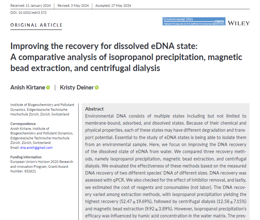 Anish Kirtane (@dnasaur_) on Twitter photo Newest paper with <a href="/alpineedna/">Dr Kristy Deiner</a> investigating best strategies to extract dissolved state of eDNA is now published in Environmental DNA journal ! We compared three approaches on their effectiveness in recovering max DNA, removing inhibitors and cost (1/5) Newest paper with <a href="/alpineedna/">Dr Kristy Deiner</a> investigating best strategies to extract dissolved state of eDNA is now published in Environmental DNA journal ! We compared three approaches on their effectiveness in recovering max DNA, removing inhibitors and cost (1/5)