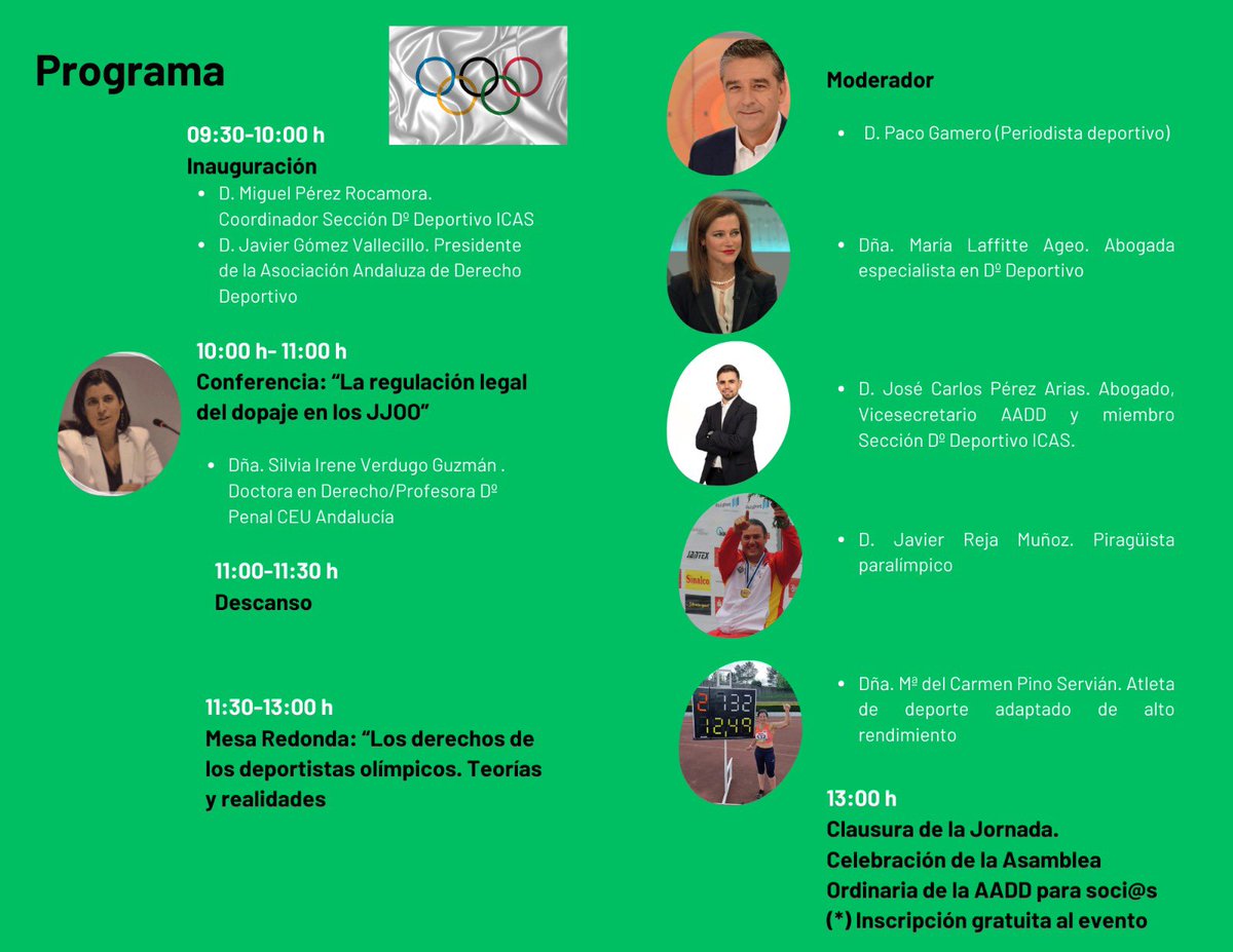 El proximo viernes 14/6 nuestra <a href="/AADDeportivo/">AADD</a>, conjuntamente con la Sección de Derecho Deportivo del <a href="/ICASEVILLA/">Ilustre Colegio de Abogados de Sevilla</a>, organiza una jornada sobre Derecho y Olimpismo. 
Inscripción gratuita en el siguiente enlace👇🏻

icas.es/evento/jornada…