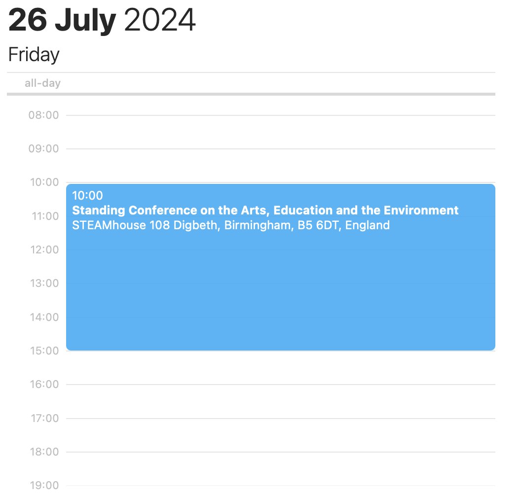 This year's Standing Conference on the Arts, Education and the Environment event takes place at <a href="/STEAMhouseUK/">STEAMhouse</a> on 26th July.
The event is a partnership between Big Brum,<a href="/NAEE_UK/">NAEE in the UK</a> and <a href="/ArtsConnectWM/">Arts Connect</a>
For an account of the 2023 event, see naee.org.uk/arts-education…