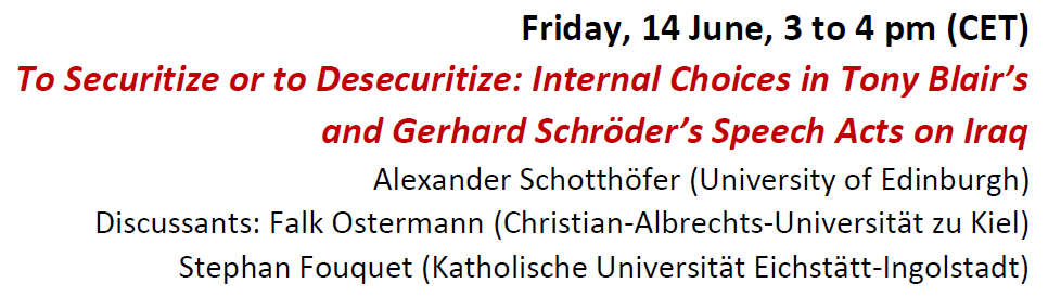 REGISTER here bit.ly/fspsummer2024 for this Friday's 14 June 3pm CEST <a href="/dvpw_aussenpol/">DVPW Aussenpolitik</a> Online Research Talk by <a href="/a_schotthoefer/">Alexander Schotthöfer</a> on (de-)securitization of Iraq in the UK and Germany. 
Paper discussed by Stephan Fouquet and <a href="/OstermannFalk/">Falk Ostermann</a>. 
Looking forward to seeing you <a href="/dvpw/">DVPW</a>!