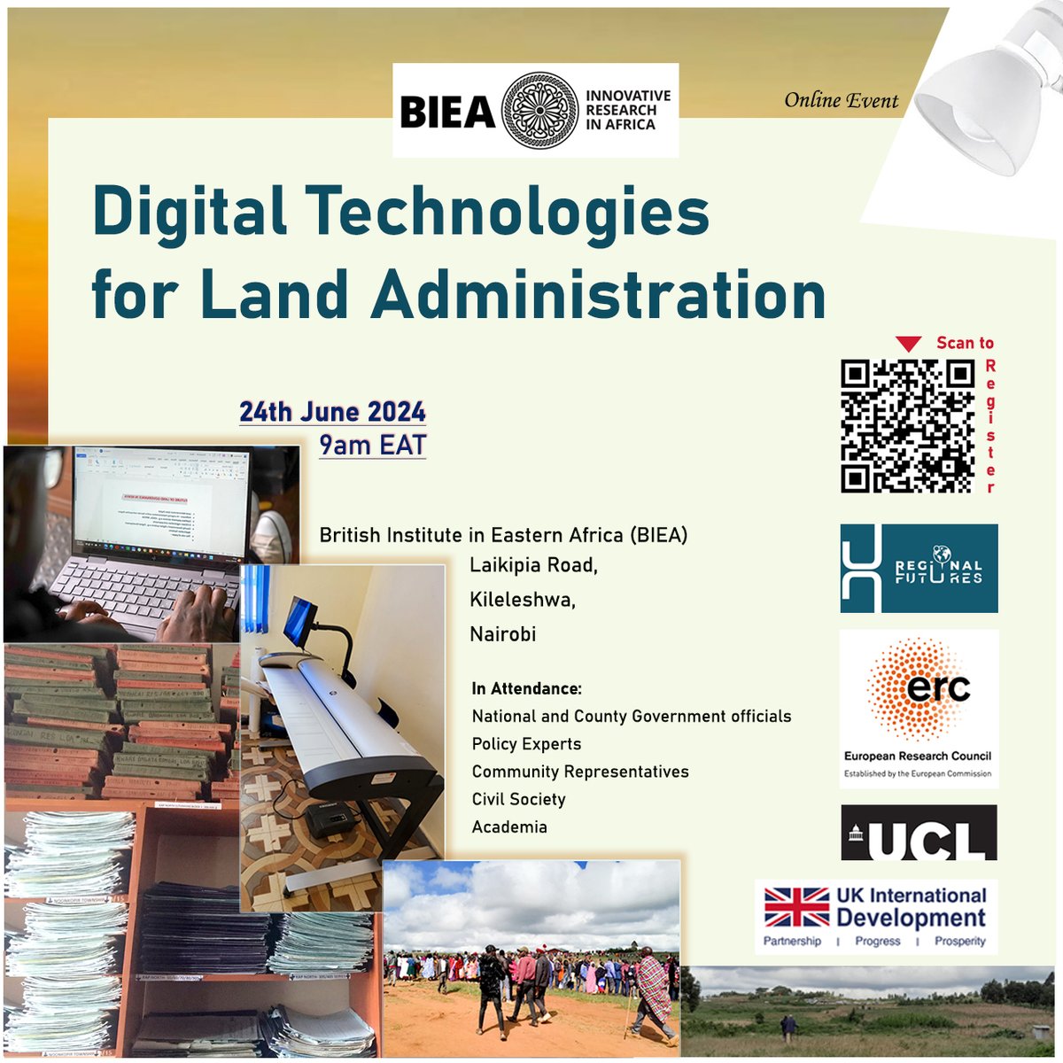 ✨<a href="/ERC_REGFUT/">ERC_Regional Futures</a> invite you online to join fellow academics, professionals, policymakers, and other stakeholders from Kenya, Africa and beyond on 24th June 9am EAT to explore and discuss Digital Technologies for Land Administration

👉Register tinyurl.com/RegFut-confere…
