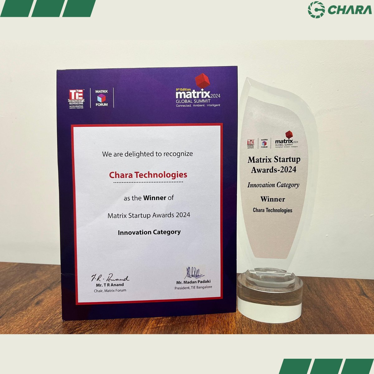 We are thrilled to announce that we have been awarded the WINNER title in the Innovation Category at the prestigious Matrix Startup Awards 2024!
#CharaTechnologies #Award #Recognition #MatrixStartups #Matrix2024 #Innovation #Sustainability