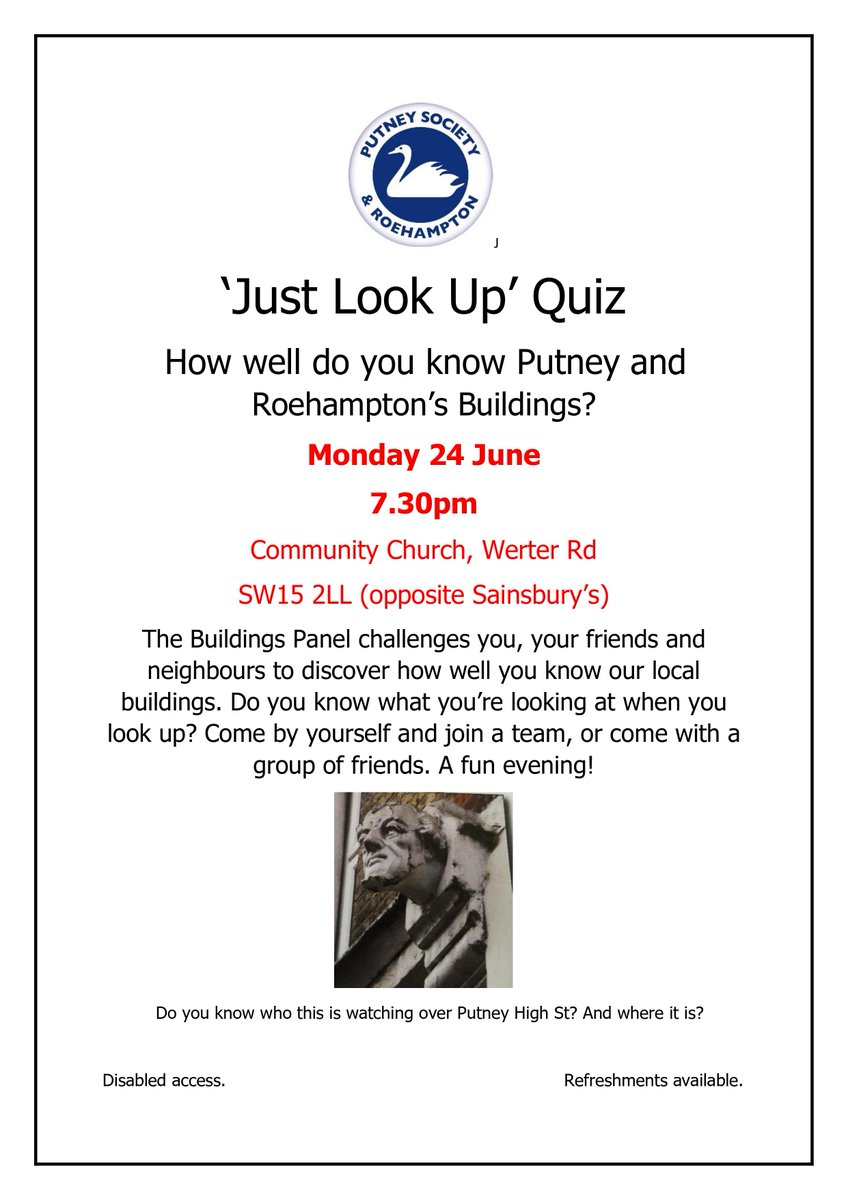 The Putney Society (@putneysociety) on Twitter photo Just under two weeks to cast your eyes upwards in preparation for the <a href="/putneysociety/">The Putney Society</a> quiz. Just under two weeks to cast your eyes upwards in preparation for the <a href="/putneysociety/">The Putney Society</a> quiz.