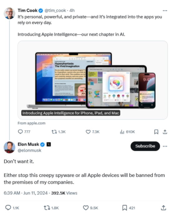 🚨 #ElonMusk is not a big fan of AI, we all know that. But he tweeted that he would ban all Apple devices at his company if they integrated #AI into their #Apple devices.
