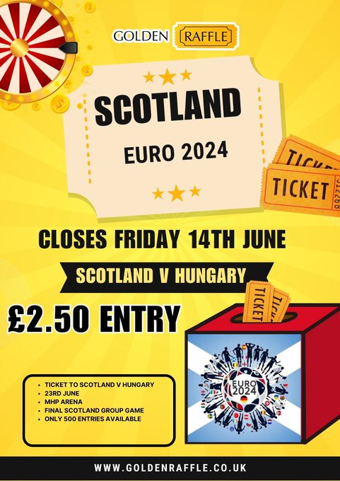 🏆Scotland vs Hungary raffle🏆

We have teamed up with <a href="/golden_raffle/">Golden Raffle</a> to give you a last minute chance to win a ticket to Scotland vs Hungary!

They are doing a raffle and drawing a winner along with other prizes this FRIDAY!

Make sure to follow <a href="/golden_raffle/">Golden Raffle</a> for more!
