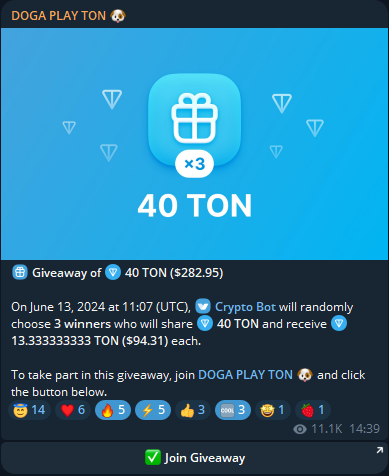 💙Again we have made for you not a big raffle, in honour of one important event that will happen today, stay tuned to the doga news not to miss this event. 

Telegram channel - t.me/DOGA_ON_TON 

Our Bot - t.me/dogatonbot