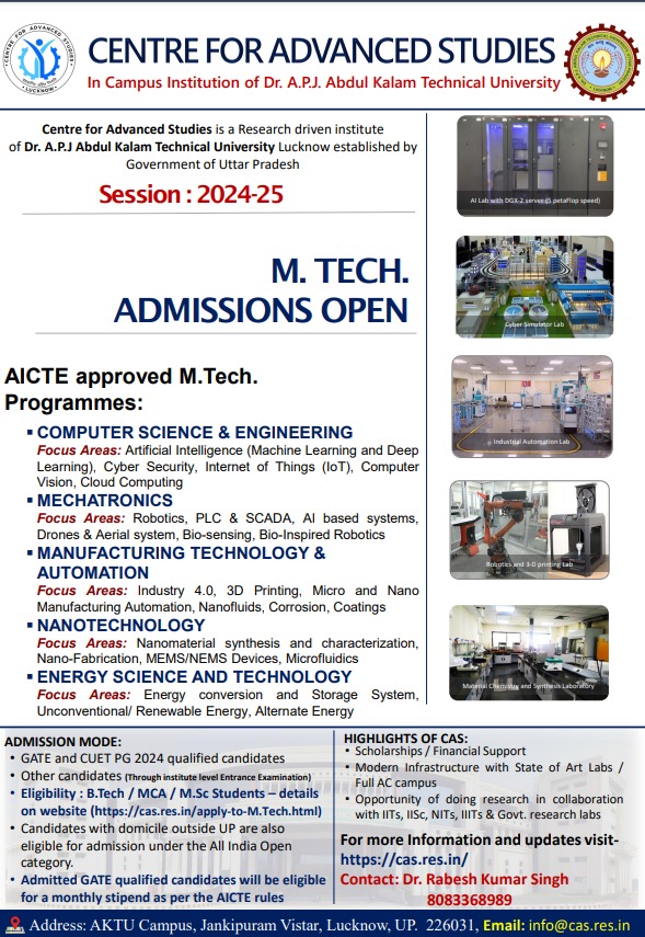 M.Tech. Admission open for session 2024-25