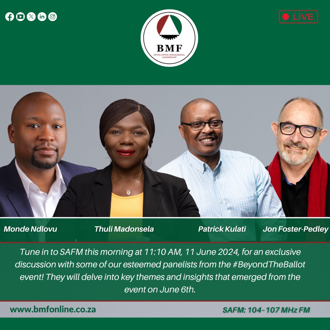 BMFNational's tweet photo. Do not miss this exclusive interview on @SAfmRadio this morning!
Missed the event? Catch up on our YouTube channel and don't forget to subscribe!
Watch here: https://t.co/0Ekq7bCC6L
#BeyondTheBallot #AcceleratingEconomicTransformation #BMF https://t.co/hxIPvBvH9F