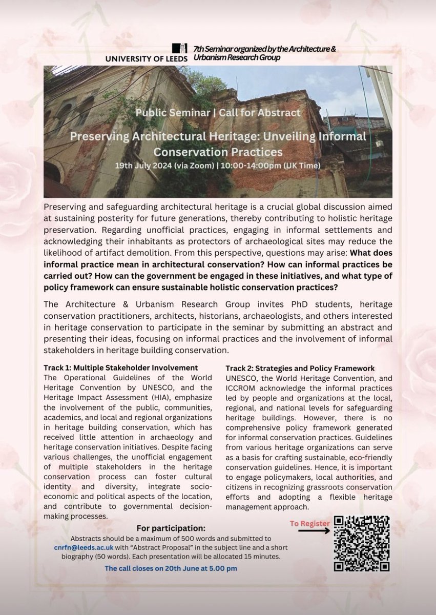 Prof Gehan Selim (@gselim74) on Twitter photo RT: CfA
Join the <a href="/Arch_Urbanism/">Leeds Architecture and Urbanism Reserach</a> 7th Seminar on Preserving Architectural Heritage: Unveiling Informal Conservation Practice.
Send 500 words abstract to cnrfn@leeds.ac.uk by 20 June 2024. All are welcome to register and attend👇
eventbrite.co.uk/e/preserving-a…
<a href="/Roaksananigar/">Roaksana Firdaus Nigar</a> RT: CfA
Join the <a href="/Arch_Urbanism/">Leeds Architecture and Urbanism Reserach</a> 7th Seminar on Preserving Architectural Heritage: Unveiling Informal Conservation Practice.
Send 500 words abstract to cnrfn@leeds.ac.uk by 20 June 2024. All are welcome to register and attend👇
eventbrite.co.uk/e/preserving-a…
<a href="/Roaksananigar/">Roaksana Firdaus Nigar</a>