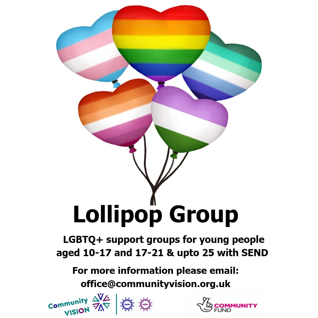 Lollipop group is a LGBTQ+ support group for all East Riding young people run by <a href="/CmtyVISION/">Community VISION</a>

We run two groups:

 Monday 6-8 pm – 10-17 year old group

Wednesday 6-8 pm – 17-21 and up to 25 with SEND