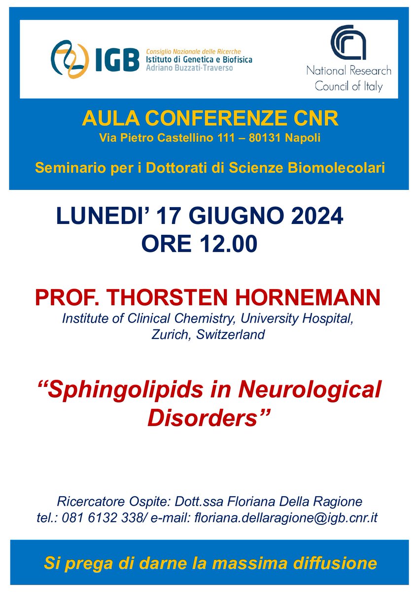 Ready for another seminar at IGB??? Prof. Thorsten Hornemann from the Institute of Clinical Chemistry, University of Zurich will give a talk entitled: "Sphingolipids in Neurological Disorders". 
Everyone is more than welcome to join us next Monday June 17th at noon!!!!!!