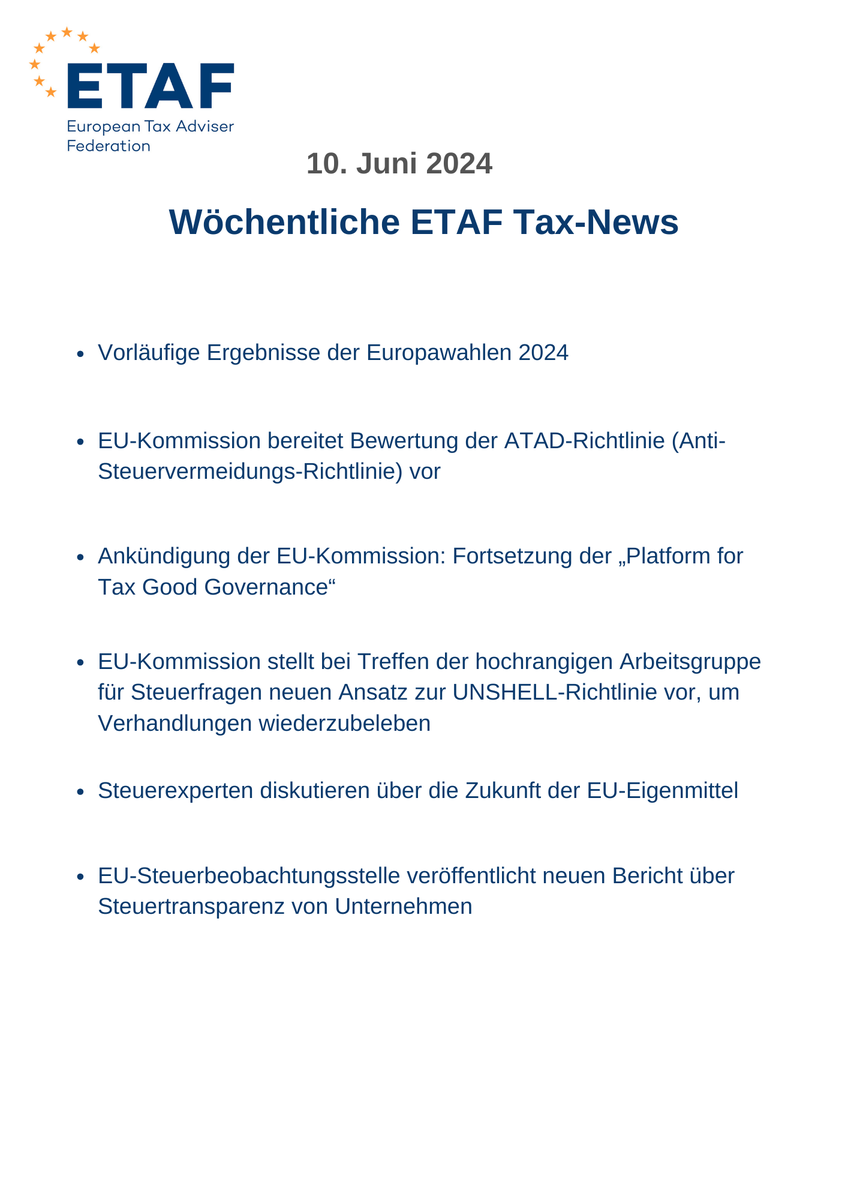 Dienstagvormittag: Die neuen <a href="/ETAFtax/">ETAF</a> Tax-News 🗞️sind da. Mit spannenden #EU News für den Berufsstand. Die englische Fassung finden Sie im ersten Kommentar 🗯️. Lesen Sie mehr ⤵️⤵️

#TaxTwitter #tax