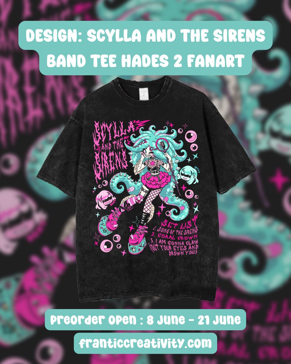 Scylla and The Sirens Hades 2 Fanart Bandtee design is up for preorder on my store 💕💕 #hades2 #scyllaandthesirens #hades2fanart