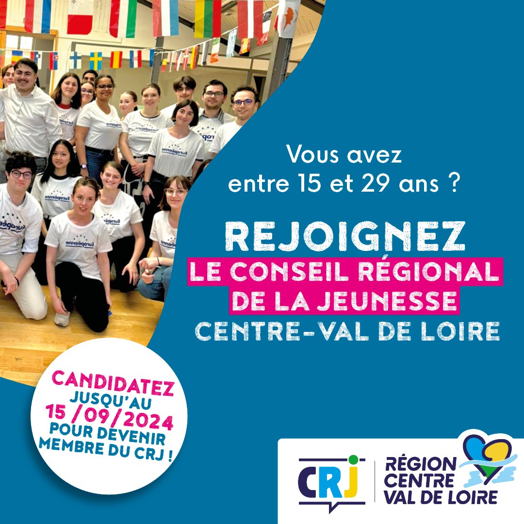 #Jeunesse 👍
🙋‍♀️ Vous avez entre 15 et 29 ans ? Vous résidez, étudiez ou travaillez en région #CentreValdeLoire et souhaitez porter la voix des jeunes ?

🆙 Jusqu'au 15 septembre 2024, candidatez pour intégrer le <a href="/CRJCentre_VDL/">Conseil Régional de la Jeunesse Centre-VdL</a> !

Détails et candidature ↙️
rcvl.fr/CRJ24