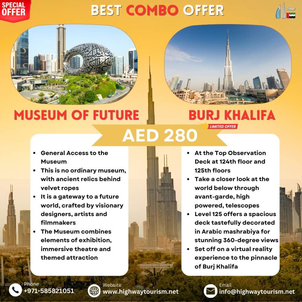 "Are you ready for a futuristic adventure? Book our combo package and get access to the Museum of the Future's interactive exhibits and a breathtaking view of Dubai from the Burj Khalifa's observation deck.
Whatsapp / Calling No: +971 5858 21051
 #MuseumOfTheFuture #BurjKhalifa